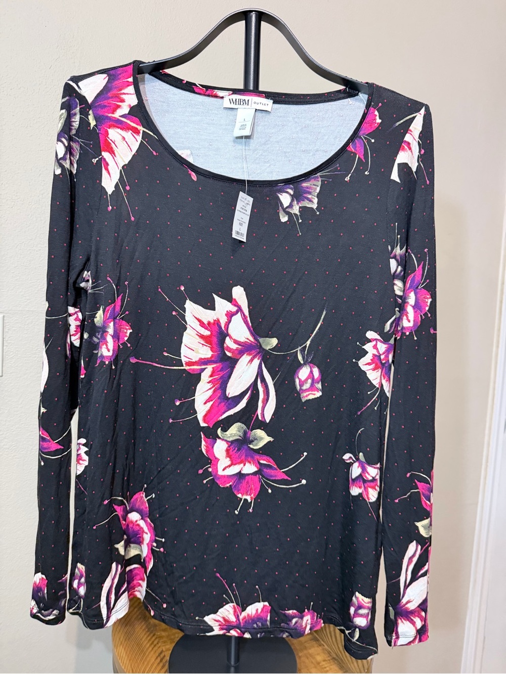 White House Black Market Black Long-Sleeve Floral Tee with Pink & White Blooms L